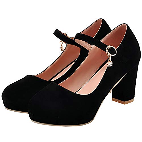 AIMODOR Damen Mary Jane Plateau Schuhe Blockabsatz High Heels Klassisch Pumps Rockabilly Riemchen Absatz schwarz 39