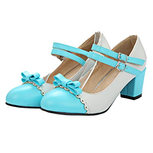 Mary Jane Blockabsatz Pumps mit Riemchen und Schleife Rockabilly Lolita Cosplay Schuhe (Blau,46)