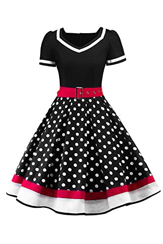 AXOE Damen Gepunktet Rockabilly Vintage Kleid mit Gürtel Partykleid Schwarz, Gr. 40, L