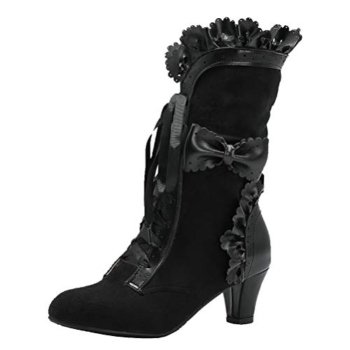 Femany Damen Blockabsatz Stiefeletten mit Schnürung und Schleife Ankle Boots Rockabilly Lolita Cosplay Schuhe...